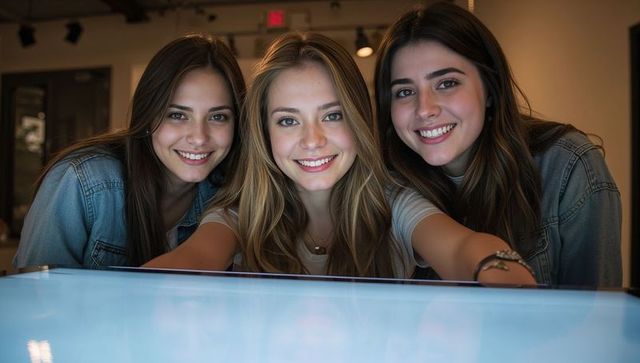 Three smiling women leaning over illuminated touchscreen table in gallery space