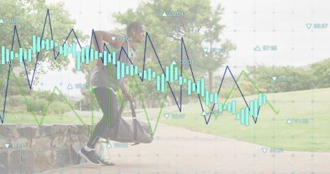 Jumping athlete with duffel bag in park with data analytics overlay for fitness marketing