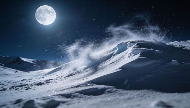 Full moon illuminating wind-sculpted snow ridge, starlit alpine cornice shedding powder
