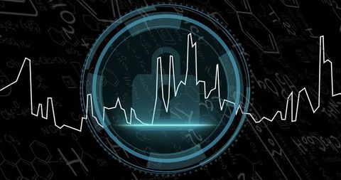 Futuristic cybersecurity hud with pulsing waveform, digital lock and encryption interface