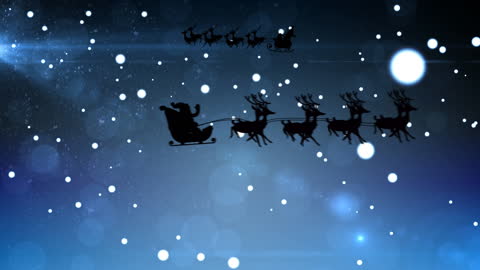 Santa Sled Silhouette with Reindeer in Snowfall