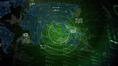 Futuristic Data Processing Animation with World Map