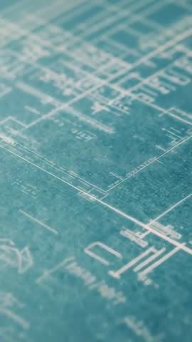 Vertical Pan Revealing Teal Blueprint Details for Architecture and Engineering Videos