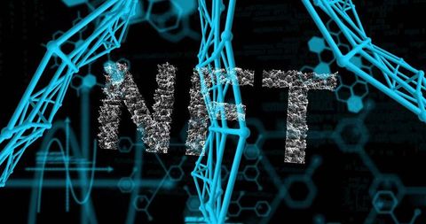 Nit letters forming from particles in neon cyan molecular network with hologram