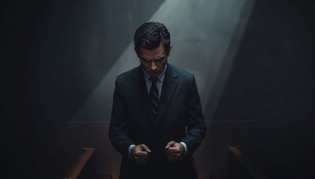 Solitary man in suit standing under chapel spotlight, dramatic cinematic portrait