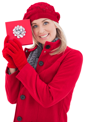 Festive Woman Holding Red Gift Box in Transparent Background