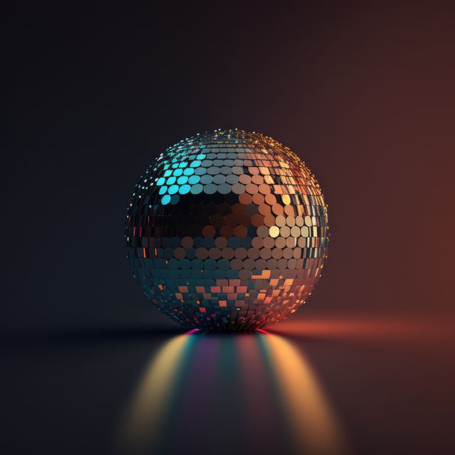 Disco ball with light trails over black background created using generative ai technology. Party, celebration and colors concept.