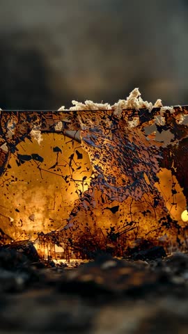 Macro amber sheet glowing in warm backlight with crumbs and textured splatter vertical video