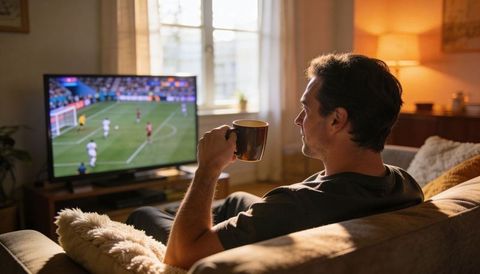 Man watching soccer match on tv from couch holding coffee mug in sunlit living room