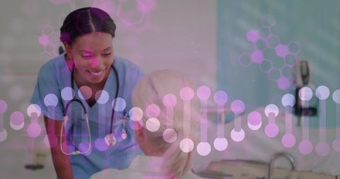 Nurse consulting senior patient in exam room with dna molecular overlay for genetic care