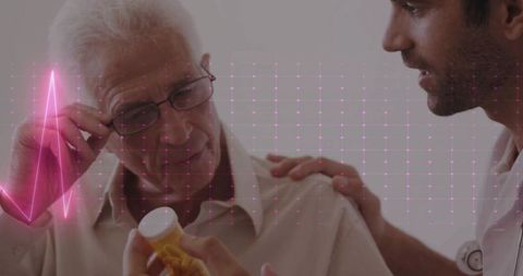 Doctor consulting senior patient with pill bottle and biometric overlay