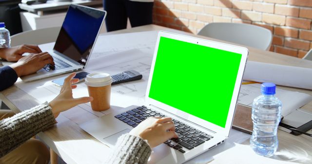 Colleagues using laptops with green screens in modern office meeting - Download Free Stock Images Pikwizard.com