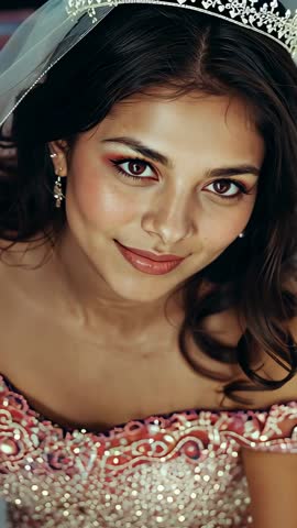 Smiling bride holding gaze in vertical portrait with tiara veil and beaded pink gown