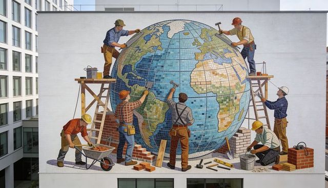 Construction crew repairing giant mosaic globe mural on building facade with scaffolding
