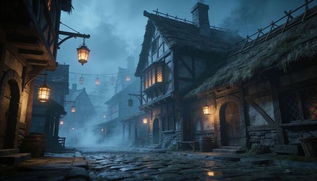 Foggy medieval village at night with glowing lanterns and wet cobblestone street
