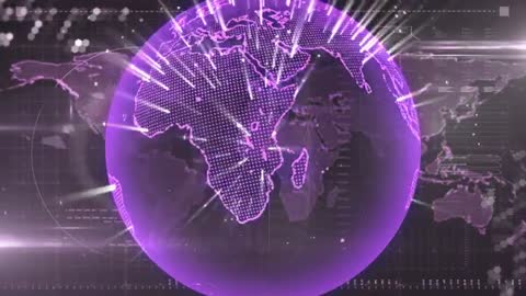 Purple Digital Globe with Glowing Continents and Light Beams