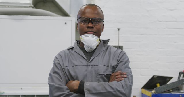 Portrait of african american male mechanic with face mask in car workshop. Panel beating, small business, work, labor, and workshop, unaltered.