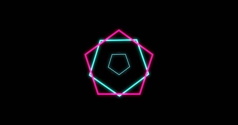 Vibrant spiral of neon pentagons on dark background
