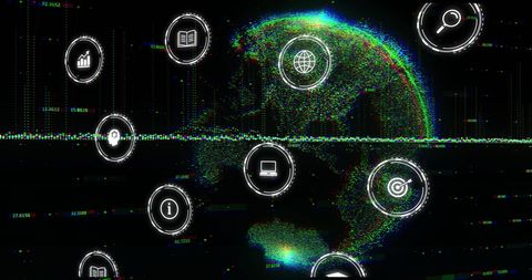 futuristic global network with digital icons and glitch effects - Download Free Stock Images Pikwizard.com