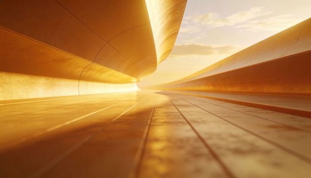 Glowing golden futuristic corridor with sweeping curves and glossy tiled walkway