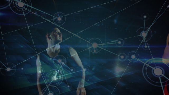 Depicting a basketball player against a backdrop filled with network connections and digital elements, ideal for technology in sports, data analytics in athletics, and futuristic themes.