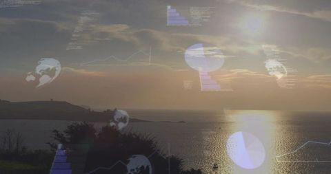 Sunset Over Calm Sea Featuring Digital HUD Charts and Coastal Silhouette