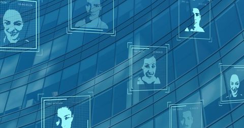 Digital profiles on skyscraper representing global networking