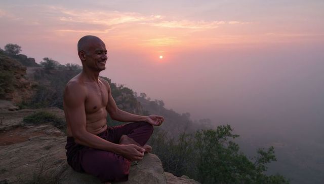 Indian man meditating on rocky cliff at sunrise overlooking misty valley calm yoga session