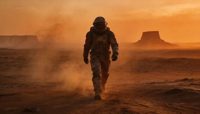 Solitary astronaut walking across dusty red plain at sunset silhouette