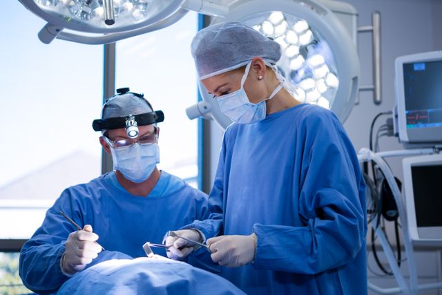 Surgeons are performing a delicate operation in a modern hospital operating room. They are wearing blue surgical gowns, masks, and gloves, ensuring a sterile environment. This image can be used for medical articles, healthcare promotions, educational materials, and hospital websites to illustrate surgical procedures and teamwork in healthcare settings.