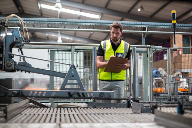 Attentive factory worker maintaining record on clipboard in factory