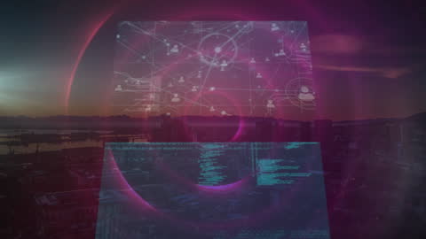 Futuristic Data Network and Neon Cityscape Composition