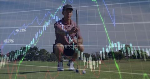 Golfer aligning putt with financial chart overlay