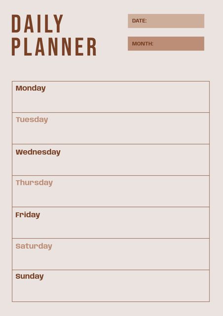 An editable minimalist daily planner template featuring fields for date and month with a simple, clean weekly layout from Monday to Sunday. Perfect for organizing your schedule, task management, and planning activities. Ideal for personal or professional use, helping individuals stay on top of their daily and weekly responsibilities while maintaining a clear and elegant design.