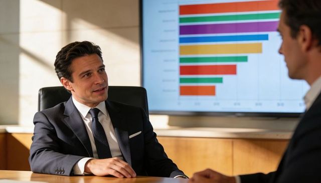 Executive presenting colorful bar chart in sunlit boardroom, discussing business performance