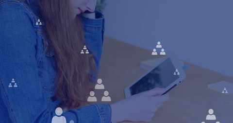 Caucasian Woman Using Tablet with Network Icons