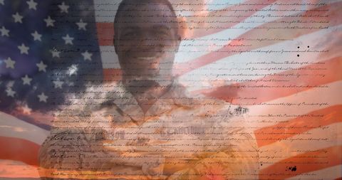 African-American Soldier with Constitution and Flag in Background
