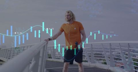caucasian man running on city bridge with overlaid financial data - Download Free Stock Images Pikwizard.com