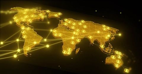 Golden global network map with glowing nodes and radiant links for digital communication