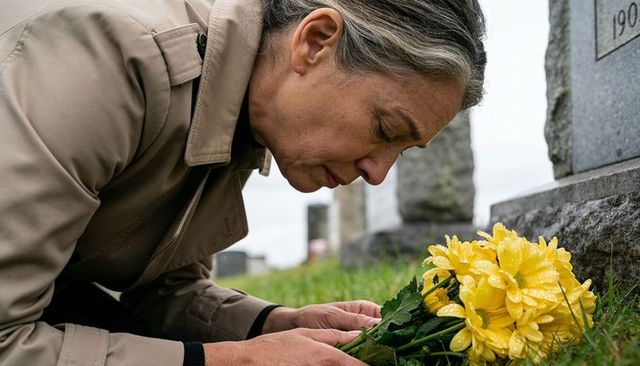 Senior woman placing yellow chrysanthemums at gravestone, mourning and remembering