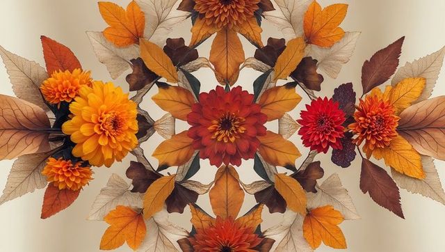 Symmetrical floral mandala with autumn blooms and leaves