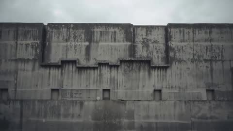 Drifting clouds over weathered concrete seawall showing vertical stains and moody industrial texture