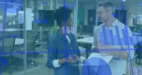 Diverse Colleagues Discussing Work with Data Overlay in Office