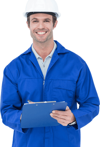 Transparent Smiling Engineer in Blue Overall Writing Notes on Clipboard - Download Free Stock Videos Pikwizard.com