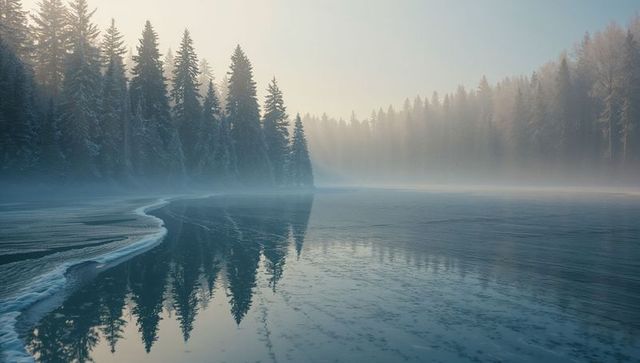 Tranquil Winter Landscape with Snow-Dusted Conifers Reflections on Frozen Lake