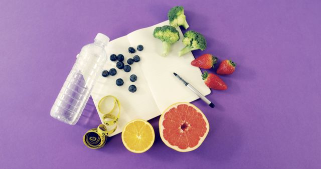 Healthy Eating Arrangement with Fruits, Vegetables, and Water Bottle - Download Free Stock Images Pikwizard.com