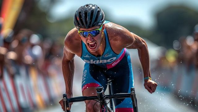 Sprinting triathlete charging on bike, leaning low over handlebars, pushing for finish