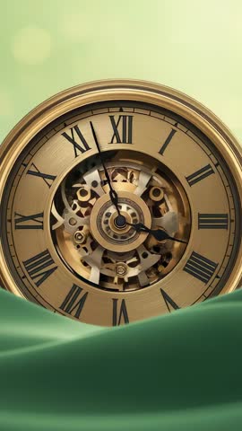 Golden Roman Clock Gears Ticking and Turning in Vertical Video over Green Silk Drape