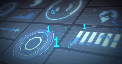 Displaying Futuristic Holographic Dashboard with Circular HUD, Binary Data, World Map