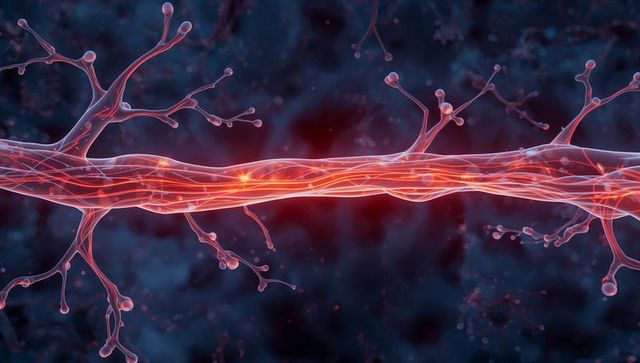 Glowing axon bundle transmitting electrical signals through microscopic synapses and dendrites